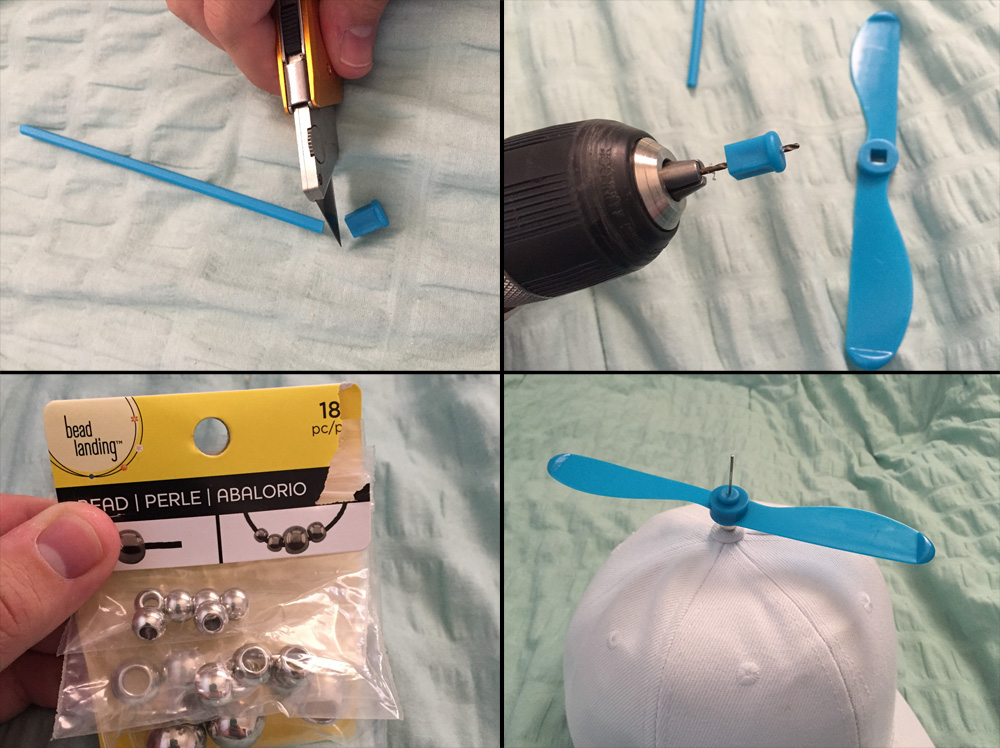 Drilling the propeller for the hat, and adding it to the hat on top of a metallic bead.
