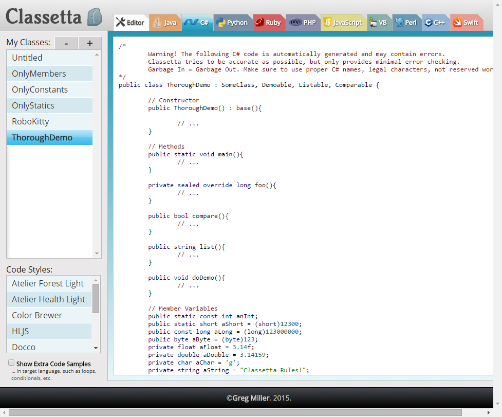 Classetta generated C# code based on the model class.