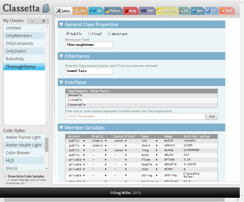 Classetta's editor for modeling classes.
